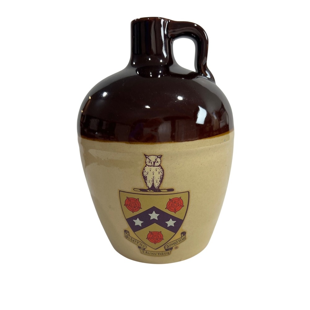 Vintage Rice University Owl Crest Stoneware Jug Decanter Brown Owl Pottery C22